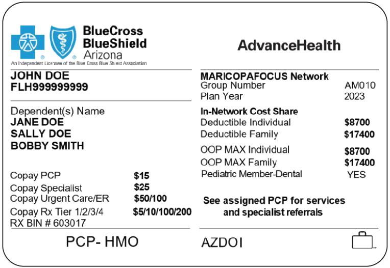 Sample ID card for Suite E AdvanceHealth HMO members.
Used in Member Guide