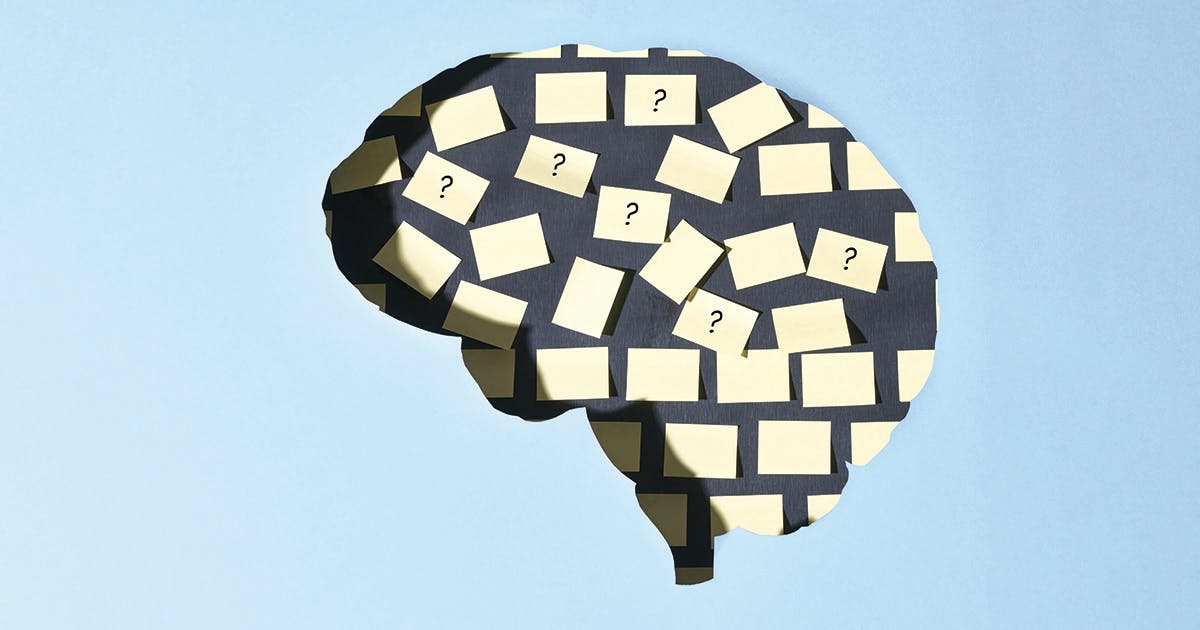 Illustration of a brain with blank notes and notes with questions marks posted inside.