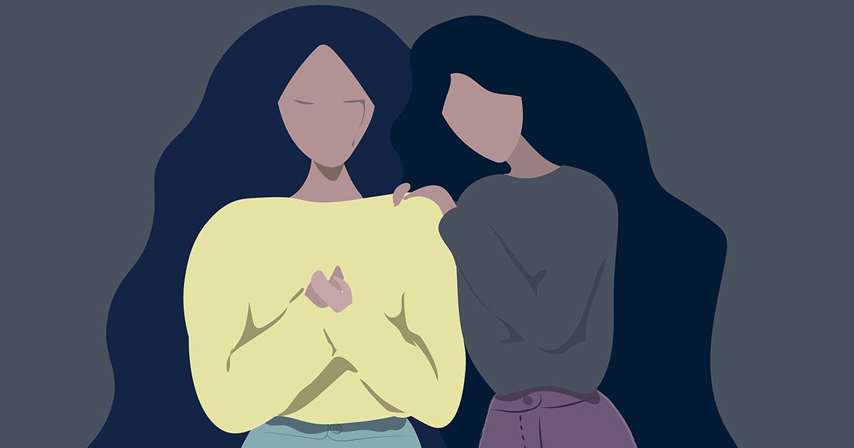 One woman comforts another. Illustration. 