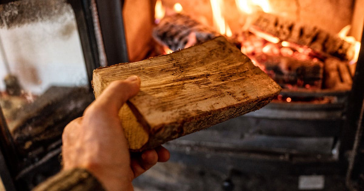 A hand holding a log reaches toward a fireplace.