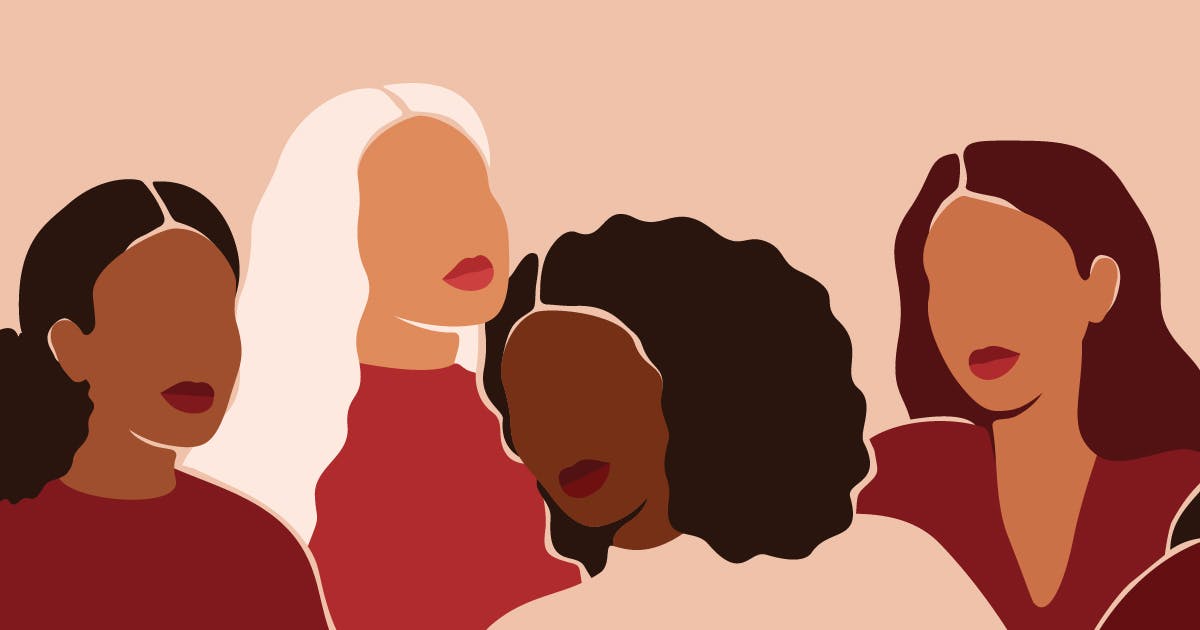  Illustration of four women with red lipstick. 