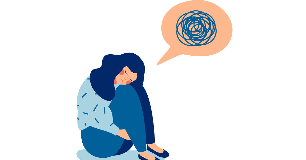   Graphic of women curled up with thinking bubble filled with static.
