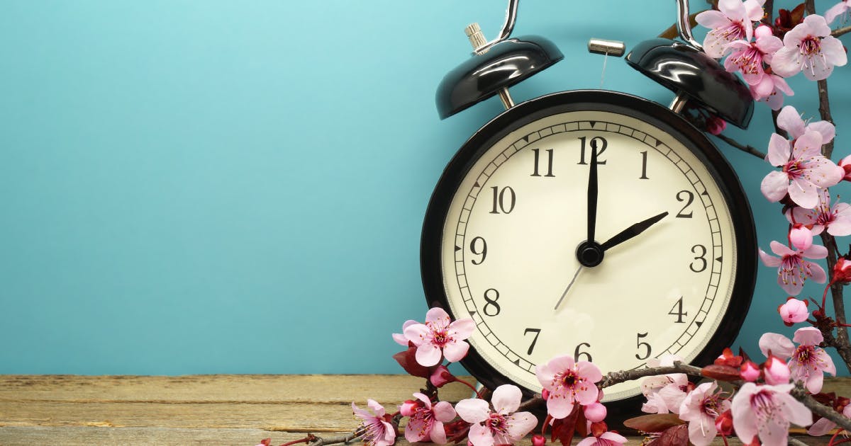 An analog alarm clock sits on a wooden table with some cherry blossoms.