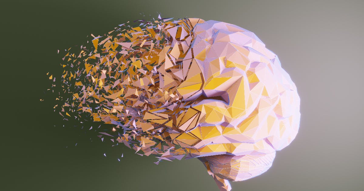 A geometric illustration of a brain disintegrating. 