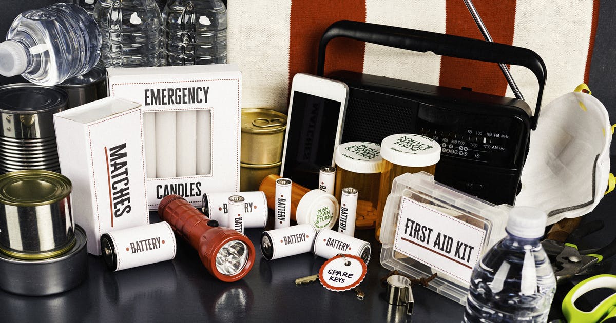 Emergency supplies, including water, flashlights and a radio.
