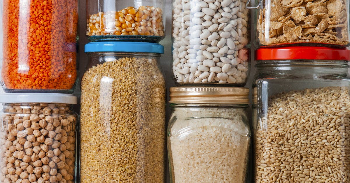 Jars of dried beans, corn and cereals.