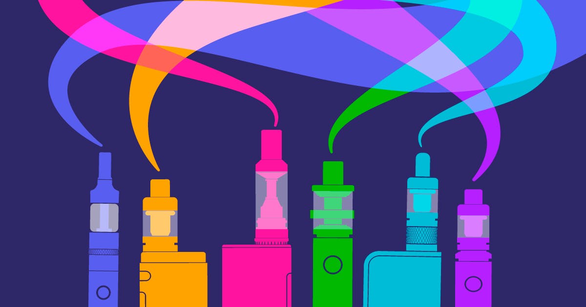A multicolored illustration of different e-cigarettes and handheld vaporizers. 