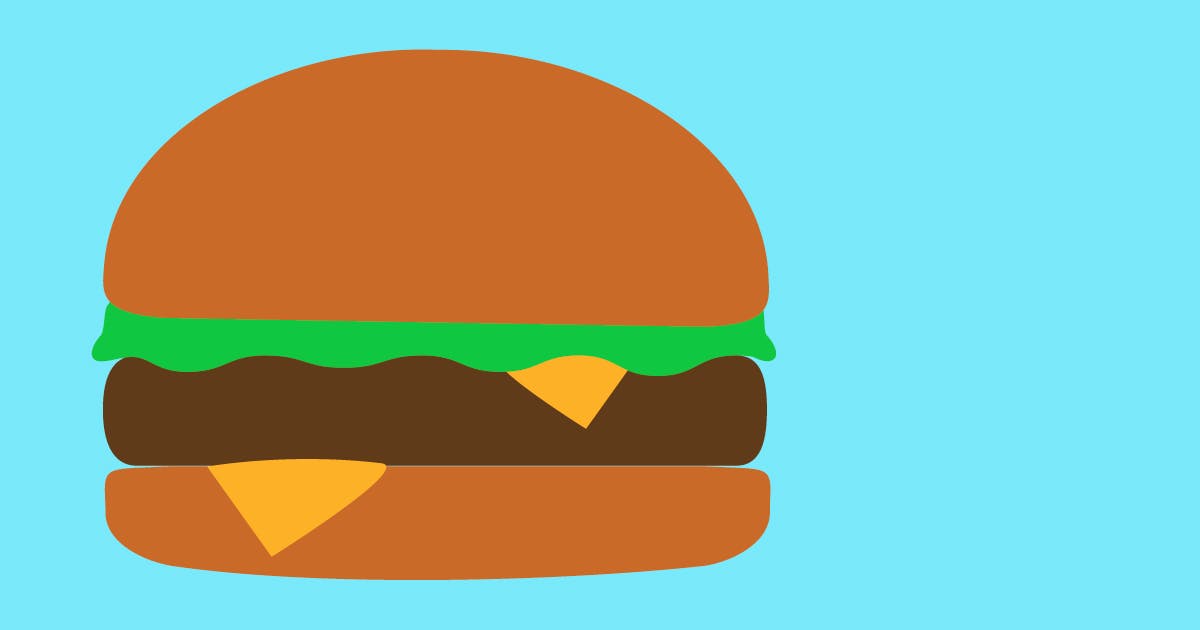 A simple illustration of a cheeseburger on a blue background. 