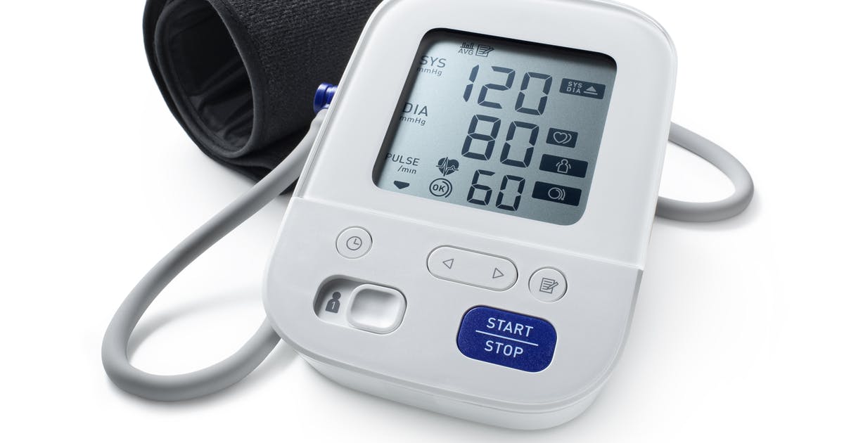 A home blood pressure monitor with an arm cuff
