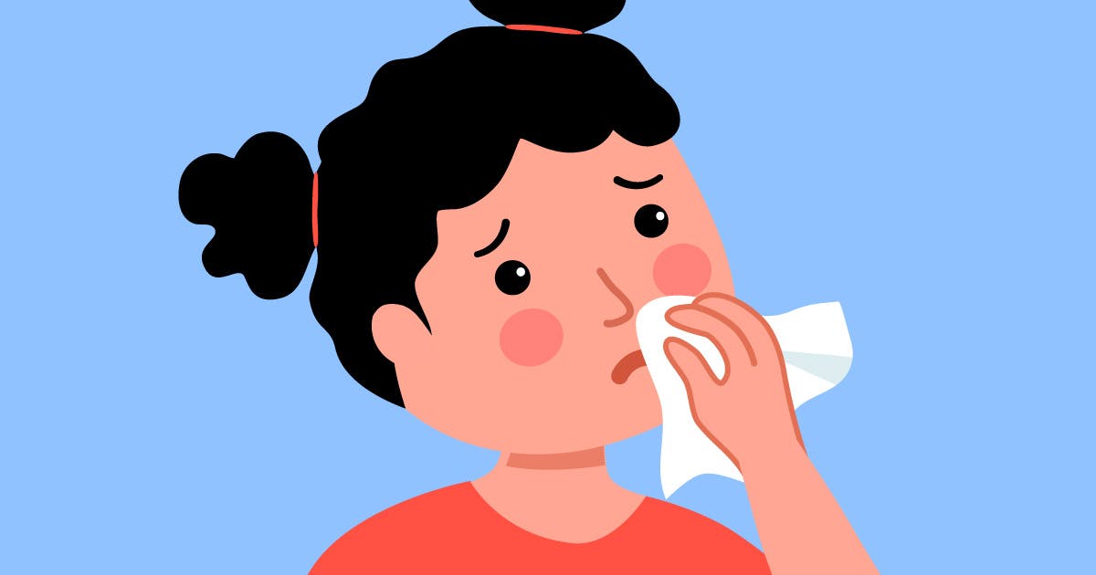 A cartoon girl holds a tissue to her nose