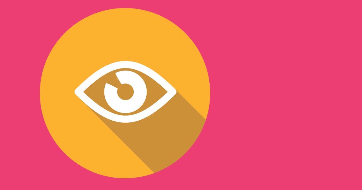 Illustration. A white eye within a yellow circle on a pink background. 