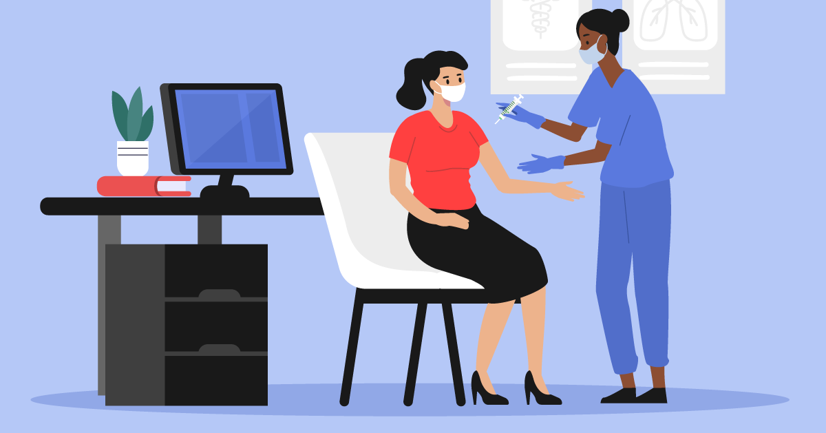 A healthcare provider gives a woman a shot in a doctor's office. Illustration.